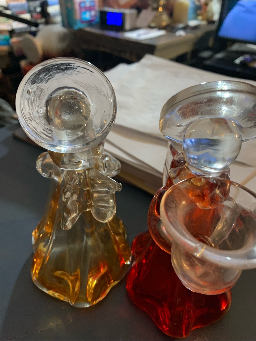 2-Hand Blown Glass Angel Candle Holders Amber & Ruby